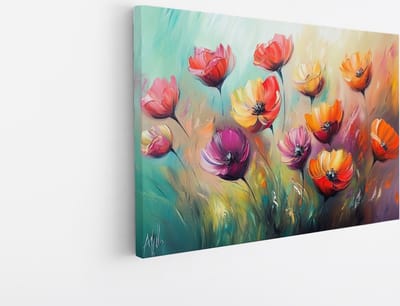 Saammp Canvas Schilderij - Oranje Paars Gekleurde Bloemen - Kleurrijk - Natuur - Abstract - 45x30 - Foto op canvas - Wanddecoratie - Muurdecoratie Woonkamer - Kantoor Decoratie