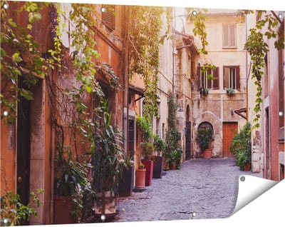 Gards Tuinposter Straatje in Rome met Groene Planten - 120x80 cm - Tuindoek - Tuindecoratie - Wanddecoratie buiten - Tuinschilderij