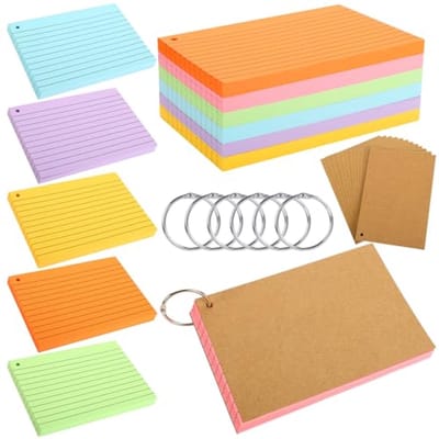 A6 Indexkaarten 150 g/m² met 6 Bindringen en 12 Kraftpapier Hoesjes voor School, Reizen en Thuis