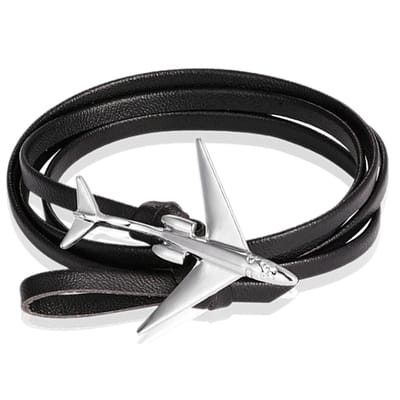 Wrap armband Heren Leer Vliegtuig Anker Zwart Zilverkleurig