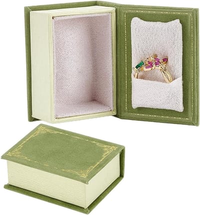 Vintage Ringdoos in Boekvorm voor Verlovingsringen, Luxe Cadeauverpakking voor Trouwen en Reizen, Microfiber met Deksel, 5.5 x 4.2 x 2 cm, Donkergroen, Uniek en Elegant