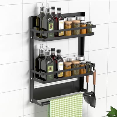 SnelShoppen - DUNSOO Kruidenrek voor aan de muur met Keukenrolhouder en 4 Haken - Multifunctioneel Roestvrij Staal Wandrek voor Keuken en Badkamer - Z