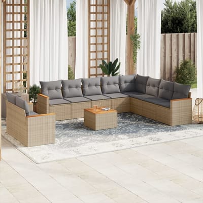 vidaXL - 11-delige - Loungeset - met - kussens - poly - rattan - gemengd - beige