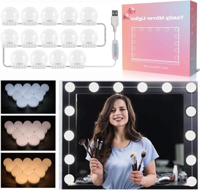 Verlichte Spiegelset met 14 Lampen voor Make-up Tafel, Dimbare LED Verlichting, USB Lamp met Schakelaar en Kabel, 3 Kleuren en 10 Helderheidsniveaus, Ideaal voor Schoonheid en Interieurdecoratie