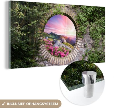 MuchoWow® Glasschilderij 40x20 cm - Schilderij acrylglas - Landschap - Bloemen - Doorkijk - Berg - Foto op glas - Schilderijen