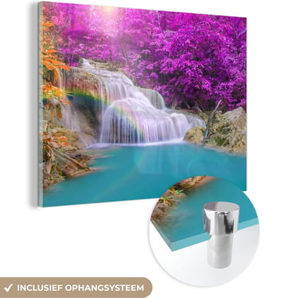 MuchoWow® Glasschilderij 40x30 cm - Schilderij acrylglas - Waterval - Bomen - Regenboog - Paars - Foto op glas - Schilderijen