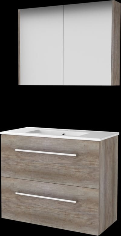 Basic Comfort 39 badmeubelset met spiegelkast, wastafelonderkast met grepen, 2 lades en porseleinen wastafel met 1 kraangat 80 x 39 cm, scotch oak