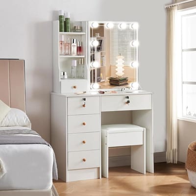 Kaptafel met Verlichting - Make-up Tafel Spiegel - Snel Klaarmaken - 3 Lichtmodi - 80 x 36 x 131 cm