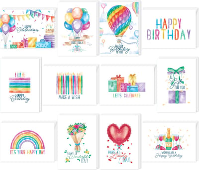 Fissaly 48 Stuks Wenskaarten & Verjaardagskaarten Set met Enveloppen - Verjaardag Kaarten Box – Felicitatiekaarten & Ansichtkaarten Kinderen & Volwassenen