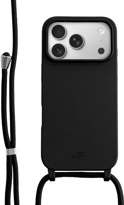xoxo Wildhearts silicone case met koord - Telefoonhoesje geschikt voor iPhone 17 Pro - Backcover met telefoonkoord - Hoesje met koord - telefoonketting - verstelbaar koord - Zwart