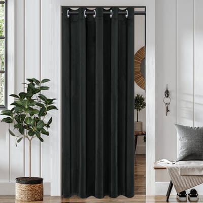 Qelus Fluwelen Isolerende Deurgordijn met Ringen Zwart - Verduisterend & Privacy - Kant en Klaar 87x203 cm - Thermische Gordijnen Voor Deur, Trap of Kast