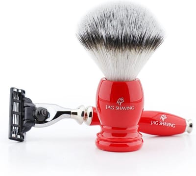 Luxe rode scheercadeauset met randscheermes en synthetische scheerkwast (scheerkwast met veiligheidsscheermes)