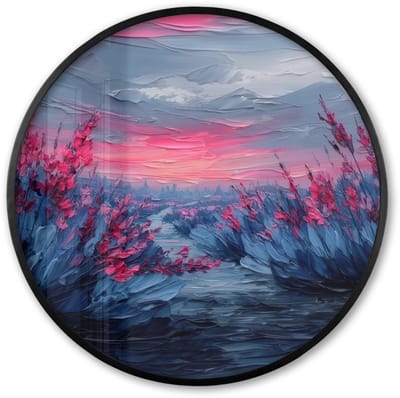 Poster in lijst Rond - Fotolijst 60x60 cm - Posters - Schilderij - Zonsondergang - Bloemen - Rivier - Ronde posterlijst zwart - Decoratie - Wanddecoratie woonkamer - Muurdecoratie slaapkamer