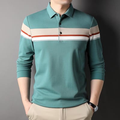 Herfst Nieuw Middelbare Leeftijd Mannen Kraag Kleurcombinatie Poloshirt Mannen Gestreept Katoenen T-shirt met Lange Mouwen XXXL gray