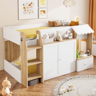PHOEBE CAT Halfhoogslaper - 90x200 cm - Dubbele deuren - Opbergkast - Kinderbed - Wit + Natuurlijke