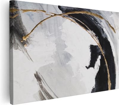 Artaza Canvas Schilderij Abstract - 90x60 cm - Wanddecoratie Zwart Wit - Muurdecoratie Goud - Schilderijen Op Canvas