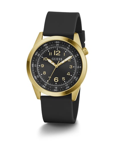 Guess Max Analoog Quartzhorloge Zwart En Goudkleur Kast Gemaakt Van 100% Roestvrij Staal En Een Armband Van 100% Siliconen 42 GW0494G2, GW0494G4, GW0494G5
