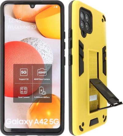 Hoesje met Magnetic Stand Hard Case Geschikt voor de Samsung Galaxy A42 5G - Stand Shockproof Telefoonhoesje - Grip Stand Back Cover - Geel