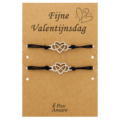 Koppel Armbandjes voor 2 "Fijne Valentijnsdag" - Hartje in Oneindigheidsteken - Vriendschapsarmbandjes met Persoonlijk Cadeau Kaartje - Zilverkleurig - Elastisch Verstelbaar - Pax Amare