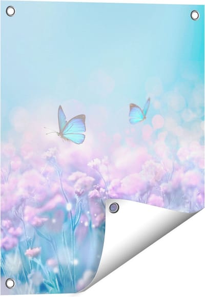 Gards Tuinposter Twee Blauwe Vlinders bij Roze Bloemen - 40x50 cm - Tuindoek - Tuindecoratie - Wanddecoratie buiten - Tuinschilderij