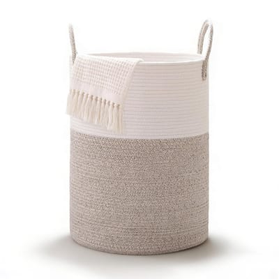 Dailygoods - Wasmand met handvat, opbergmand, gevlochten mand, 38 x 50 cm groot, ronde wasverzamelaar met katoenen handvat, voor dekens en speelgoed, voor woonkamer of wasruimte (wit-bruin)