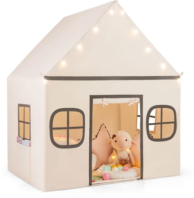 COSTWAY Speelhuis voor kinderen, indoor, kindertent met sterrenlichten en gevoerde mat, speeltent met deurgordijn en ramen, kinderspeelhuis voor jongens en meisjes vanaf 3 jaar (beige + bruin)