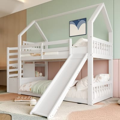 Stapelbed - 90x200 cm - Huisbed met Glijbaan - Trapkast en Hekje - Grenenhout - Wit