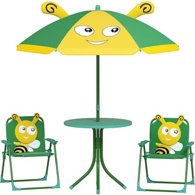 Sweiko Kinderzitjeset - Tuintafel + 2 klapstoelen - Met parasol - Groen + Geel