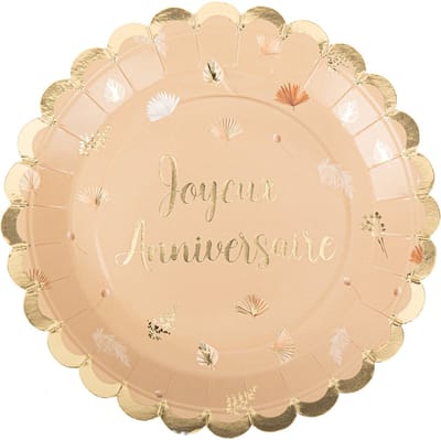 ARTYFETES - 8 boho blush en goud "Fijne Verjaardag" borden, 23 cm, geschulpt