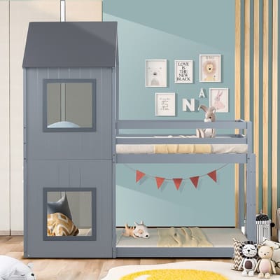 KOMHTOM Stapelbed Kajuitbed 90x200 cm kinderbed voor meisjes en jongens met ladder baldakijn vloer tot plafond grijs