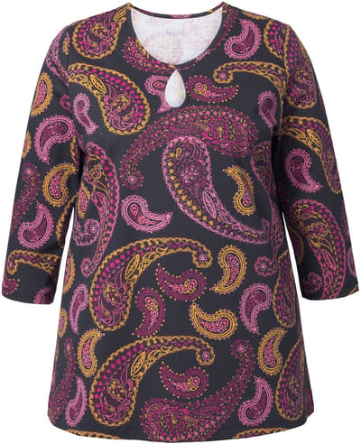 Ulla Popken - Dames - Shirt A-lijn ronde hals keyhole 3/4-mouwen - Zwart - Maat 46+