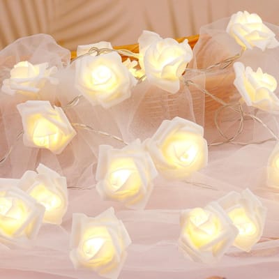 Roos Fairy String Lights, 20 stuks LED Rose Fairy Light Batterij Aangedreven Slaapkamerverlichting voor Valentijnsdag Bruiloft Outdoor Meisjes Slaapkamer Moederdag Verjaardagsfeest Decoraties（Witte roos - warm wit licht）