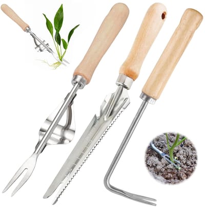 Dailygoods- Onkruidsteker met houten handvat - Handmatige onkruidverwijderaar - Roestvrij staal - Tuingereedschap - 3 stuks - Hefboomprincipe voor ontwortelen - Onkruidwieder