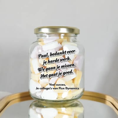 Gepersonaliseerd Cadeau - Zakelijk Bedankje - Luxe Snoeppot met Eigen Naam en Tekst - Relatiegeschenk Jubileum & Kerst - Kerstcadeau Personeel - Glazen Pot incl. 200g Snoep