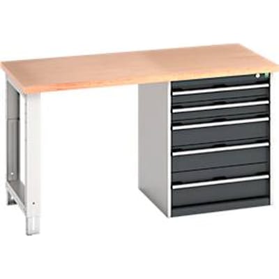 Bott cubio werkbank, met ladekast, beuken multiplex blad, B 1500 x D 750 x H 840 mm, 1200 kg draagvermogen, staal, antraciet/lichtgrijs