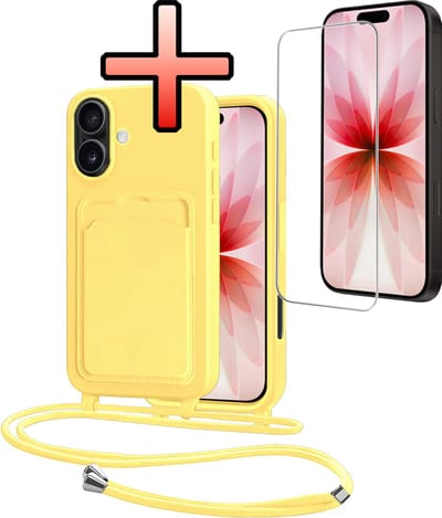 Hoes Geschikt voor iPhone 17 Hoesje Pasjeshouder Cover Met Koord Case Siliconen Hoes Met Telefoonkoord en Kaarthouder Met Screenprotector - Geel