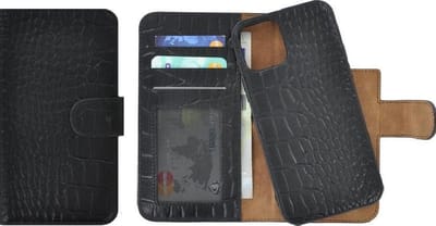 MoDo Hoesje Geschikt voor iPhone 12 Mini hoesje - Wallet case - Portemonnee Hoes 2in1 Uitneembaar Echt leer Book case Croco Zwart