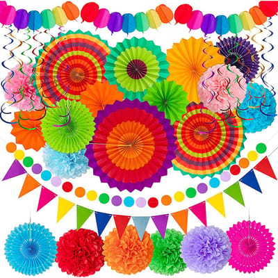 33 Stuks Feest Decoratie - Vlaggenlijn - Slinger Verjaardag - Feest Versiering - Verjaardag Versiering - Papieren Waaiers - Tuinfeest Decoratie - Decoratie Feestpakket - Papieren Waaiers Multicolour - Voor Bruiloften Verjaardag Carnaval Mexico Thema