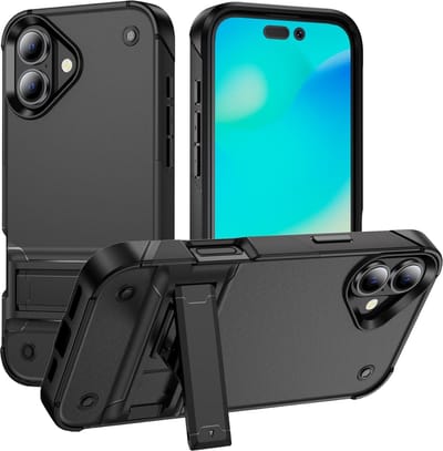 Casemania Hoesje Compatibel met Apple iPhone 16 - Zwart - Armor Back Cover met Kickstand
