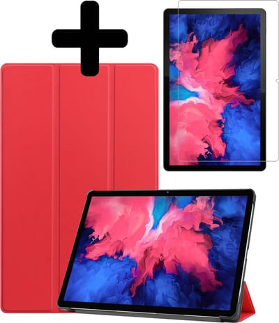 Hoes - Geschikt voor Lenovo Tab P11 Plus - Met Screenprotector - Trifold Bookcase - Hard Cover - Hardcover Book Case - Tablet Hoesje - Rood