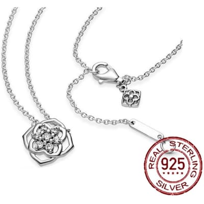 Nieuwe Sale 925 Sterling Zilver Bloemvormige Zirkonia Hanger Ketting, Dames Cadeau 45 Cm Golfketting Collier white