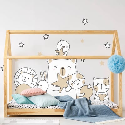 Muurstickers - Dieren die vissen tussen de maan en de sterren - Zelfklevende stickers - 135x90cm