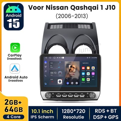 Hexinex Android 15 autoradio Geschikt voor Nissan Qashqai J10 (2006-2013) - Draadloos CarPlay, Android Auto, 10,1-inch scherm, multimediaspeler, Fysieke knoppen, 2GB+64GB