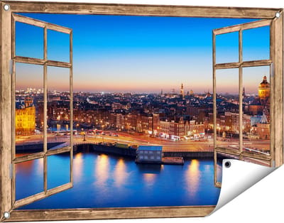 Gards Tuinposter Doorkijk Amsterdam Centrum in de Nacht - 90x60 cm - Tuindoek - Tuindecoratie - Wanddecoratie buiten - Tuinschilderij