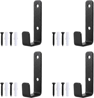 Set van 4 zwarte wandhaken van gesatineerd staal met schroeven - Ideaal voor muurdecoratie, opbergruimte en accessoires - Afmetingen 82,5 mm x 15,9 mm