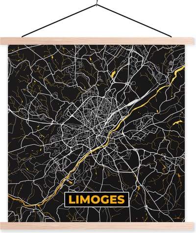 Posterhanger incl. Poster 40x40 cm - Schoolplaat - Plattegrond - Limoges - Stadskaart - Frankrijk - Kaart - Textielposter - Blanke latten - Stadskaart