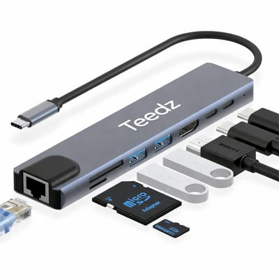 Teedz - USB-C Hub 8-in-1 – USB-C Adapter met HDMI 4K, Ethernet RJ45, 100W Power Delivery, USB 3.0, SD/TF Kaartlezer – Voor Laptop, MacBook, Tablet