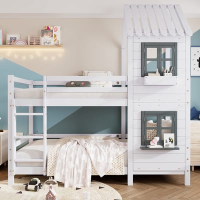 Stapelbedden - 90x200cm - Etagenbed Met Handlauf, Raam en Veiligheidshek - Hausbed Kinderbed - Kiefer - Wit