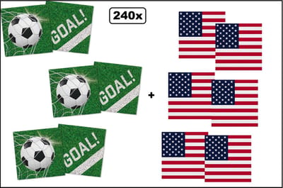 120x Servetten Voetbal 33cm x 33cm + 120x Servetten USA 33cm x 33cm - 3 laags - MIX - WK Servet diner eten knoeien restaurant BBQ thema feest verjaardag feest