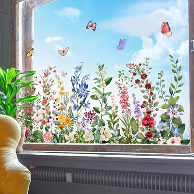 2 vellen 30 x 60cm Kleurrijke raamstickers met bloemenmotief, muurstickers met wilde bloemen in aquarel, herbruikbaar en verwijderbaar, dubbelzijdig, voor thuis- en kantoordecoratie| Cyslmuk®